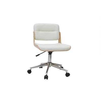Chaise de bureau à roulettes design blanc, bois clair et acier chromé ARAMON - - 51619 - 3662275129168