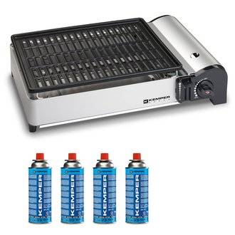 Barbecue à gaz portable 1.9 KW Kemper grille anti adhesive + 4 cartouches gaz camping