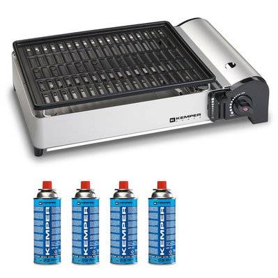 Barbecue à gaz portable 1.9 KW Kemper grille anti adhesive + 4 cartouches gaz camping - 182 - 3760120100536