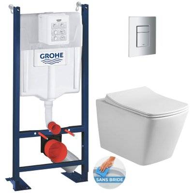 Grohe Pack WC Bâti autoportant + WC sans bride SAT Infinitio Design + Abattant softclose + Plaque chrome mat - 0734077003717 - 0734077003717