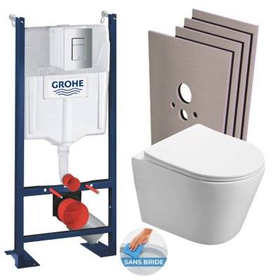 Grohe Pack WC Bâti autoportant + WC sans bride SAT Infinitio + Abattant softclose + Plaque Chrome mat + Set habillage - 0734077003649 - 0734077003649