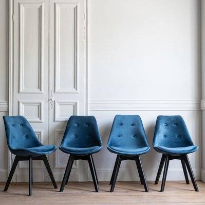 Lot de 4 chaises en velours NORA bleues avec coussin - 6159 - 3701227216256