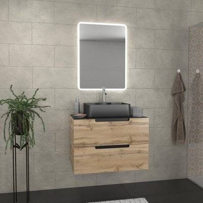 Meuble salle de bains 80 cm 2 tiroirs - Chêne et noir - Vasque rectangle - Miroir Led - OMEGA - PACM346 - 3700710260097