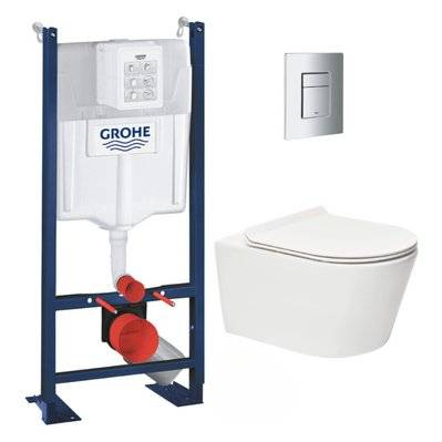 Grohe Pack WC Bâti autoportant + WC sans bride SAT Brevis + Abattant ultra-fin softclose + Plaque chrome mat (ProjectBrevis-5) - 0734077004769 - 0734077004769