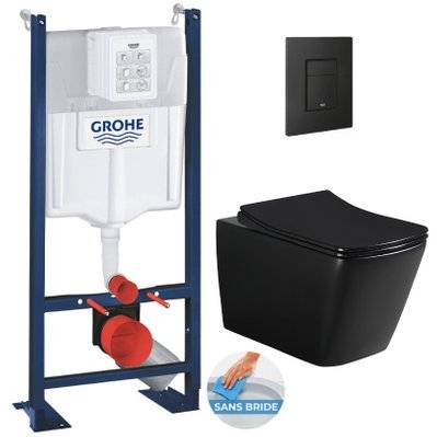 Grohe Pack WC Bâti-support Rapid SL + WC sans bride Infinitio Design, Noir mat + Abattant softclose + Plaque Noire mat - 0734077005445 - 0734077005445