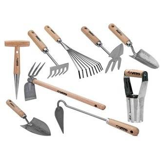 Kit 9 outils de jardin Manche bois VITO Inox et Fer forgés à la main haute qualité Outils de jardin
