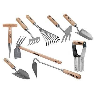 Kit 9 outils de jardin Manche bois VITO Inox et Fer forgés à la main haute qualité Outils de jardin - 5465 - 3663936040518