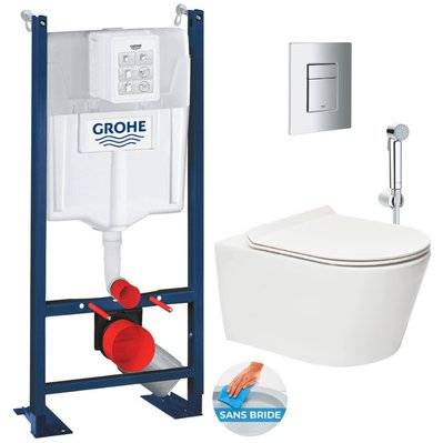 Grohe Pack WC Bâti autoportant + WC sans bride SAT Brevis + Abattant ultra-fin softclose + Douchette bidet + Plaque chrome mat - 0734077005681 - 0734077005681