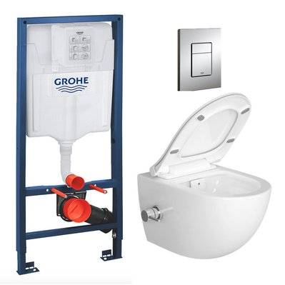 Grohe Pack WC Bâti-support Rapid SL + WC sans bride avec fonction bidet thermostatique + Plaque chrome (RapidSL-SATClean-1) - 0734077006114 - 0734077006114