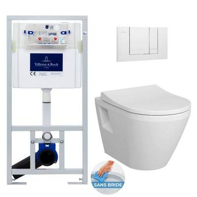Villeroy & Boch Pack WC Bâti-support ViConnect + WC sans bride Vitra Integra + Abattant frein de chute + Plaque Blanche - 0734077005780 - 0734077005780