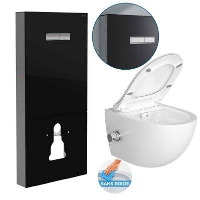 Vitra  Pack WC Bâti support en verre trempé/aluminium brossé avec plaque intégrée, Noir + WC sans bride SAT, fonction bidet - 0734077006145 - 0734077006145