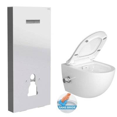 Vitra  Pack WC Bâti support en verre trempé/aluminium brossé avec plaque intégrée, Blanc + WC sans bride SAT, fonction bidet - 0734077006152 - 0734077006152