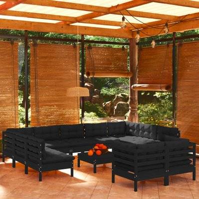 vidaXL Salon de jardin 12 pcs avec coussins Noir Bois de pin solide - 3097269 - 8720286870433