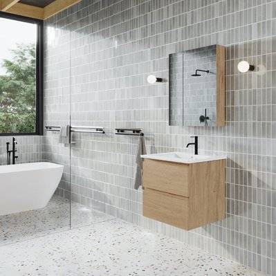 Meuble salle de bain design simple vasque MESSINA largeur 60 cm chêne clair - MES-BA-LOAK-60/BASIN-3001-STAR-60 - 3760341613549