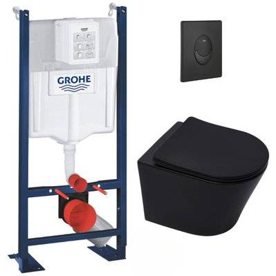 Grohe Pack WC Bâti autoportant + WC Swiss Aqua Technologies Infinitio noir mat sans bride + Plaque noir mat - 0734077007616 - 0734077007616