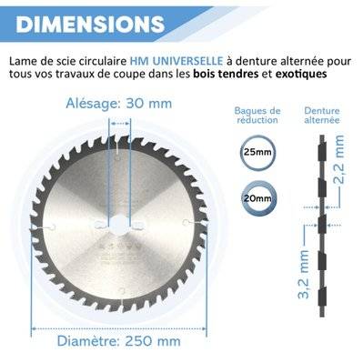 Lame Scie Circulaire Carbure Universelle Bois - Table Combinée Toupie - 40 Dents Alt+ - D 250mm Al 30mm Ep 3,2/2,2mm - DIAMWOOD - 66875 - 3664100155830