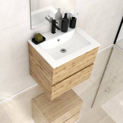 Meuble de salle de bains 60cm 2 Tiroirs_Chêne Naturel + Vasque céramique blanche - TIMBER 60 - PACM603 - 3700710263289