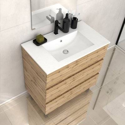 Meuble de salle de bains 80cm 3 Tiroirs_Chêne Naturel + Vasque céramique blanche - TIMBER 80 - PACM607 - 3700710263326