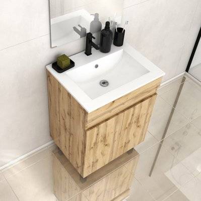 Meuble de salle de bains 60cm 2 Portes_Chêne Naturel + Vasque céramique blanche - TIMBER 60 - PACM600 - 3700710263258
