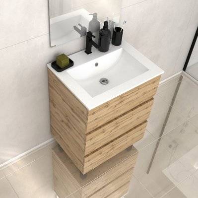 Meuble de salle de bains 60cm 3 Tiroirs_Chêne Naturel + Vasque céramique blanche - TIMBER 60 - PACM606 - 3700710263319