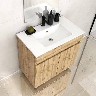 Meuble de salle de bains 80cm 2 Portes_Chêne Naturel + Vasque céramique blanche - TIMBER 80 - PACM601 - 3700710263265