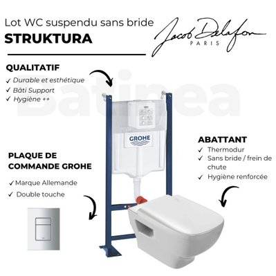 WC suspendu sans bride Jacob Delafon Struktura + abattant + Bâti support +  Even Plaque de commande WC carré chromé - Brico Privé