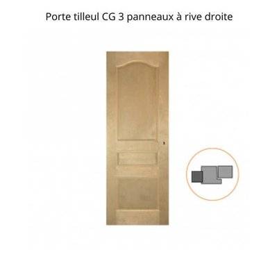 Porte nue bois Tilleul : 3 panneaux, Chapeau de gendarme, 93 cm en rive droite - 24061693RD - 4893544160936
