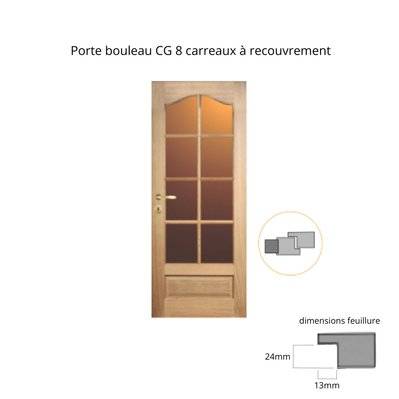Porte nue bois Bouleau : 8 carreaux, Chapeau de gendarme, 73 cm à recouvrement - 14060973RE - 4893548090703