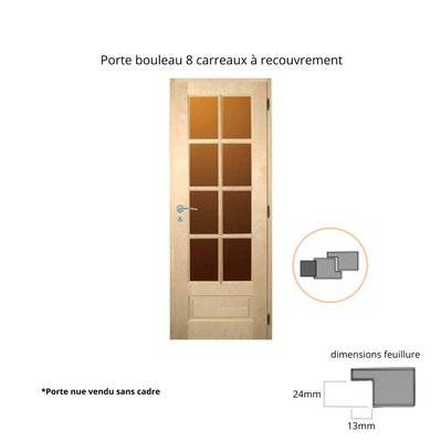 Porte nue bois Bouleau : 8 carreaux, Traverse droite, 83 cm à recouvrement - 14060283RE - 4893548020809