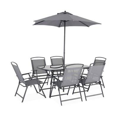Table de jardin avec 6 fauteuils pliants gris et un parasol 2m. anthracite. structure acier avec revêtement anti rouille - 3760350659422 - 3760350659422