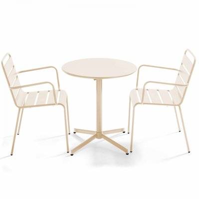 Ensemble table de jardin et 2 fauteuils métal ivoire 70 x 72 cm - 109176 - 3663095130075