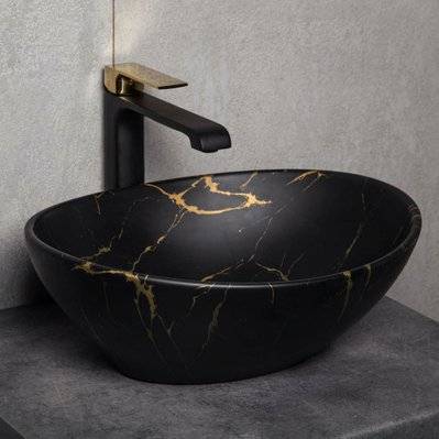 Vasque à poser ovale en céramique TANDILA noir mat marbré or 41.5 x 33.5 cm - KR-707MARBLEBL/G - 5907548117533