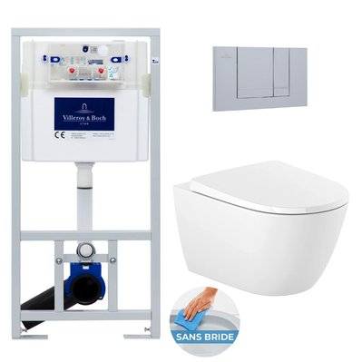 Villeroy & Boch Pack WC bâti-support + WC sans bride Roca Ona + Abattant softclose + Plaque chrome (ViConnectOna-3) - 0734077010364 - 0734077010364