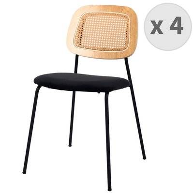 MYA - Chaise en métal noir mat, cannage et velours Noir (x4) - 2482 - 3701139535667