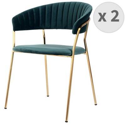 HUGO - Chaise avec accoudoirs en velours Celadon et métal doré (x2) - 2466 - 3701139535032