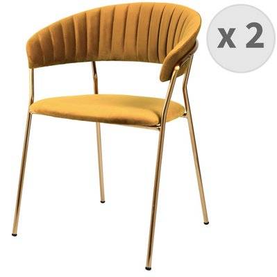 HUGO - Chaise avec accoudoirs en velours Moutarde et métal doré (x2) - 2465 - 3701139535063