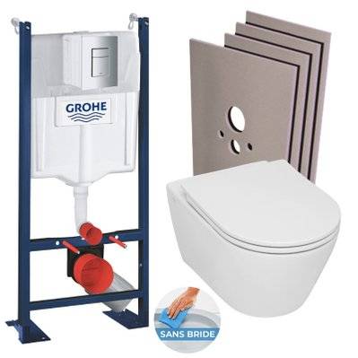 Grohe Pack WC Bâti-support Rapid SL autoportant + WC sans bride Serel + abattant softclose + Plaque Chrome + Set habillage - 0734077010647 - 0734077010647