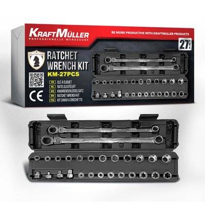 Coffret cliquet Kraft Muller KM-27PCS, comprenant 2 clés Flex de 14 et 19mm, avec 25 emboûts - KM-27PCS - 3666630002912