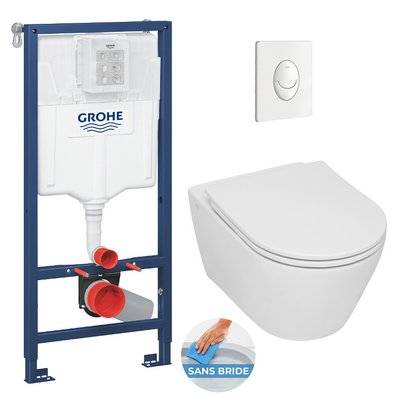 Grohe Pack WC Bâti-support Rapid SL + WC sans bride Serel SP26, fixations invisibles + abattant softclose + Plaque blanc alpin - 0734077011583 - 0734077011583