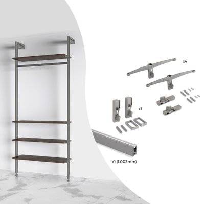 Emuca Kit de fixation pour 4 étagères en bois et 1 tringle de suspension de 1m de long Zero, Aluminium et Zamak et Plastique, - 7022349 - 8432393300467
