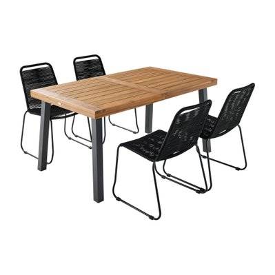 Table intérieur / extérieur Santana en bois et métal. 150cm + 4 chaises en corde BRASILIA noires. empilables - 3760388440597 - 3760388440597