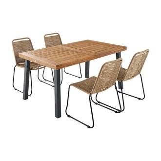 Table intérieur / extérieur Santana en bois et métal. 150cm + 4 chaises en corde BRASILIA beiges. empilables
