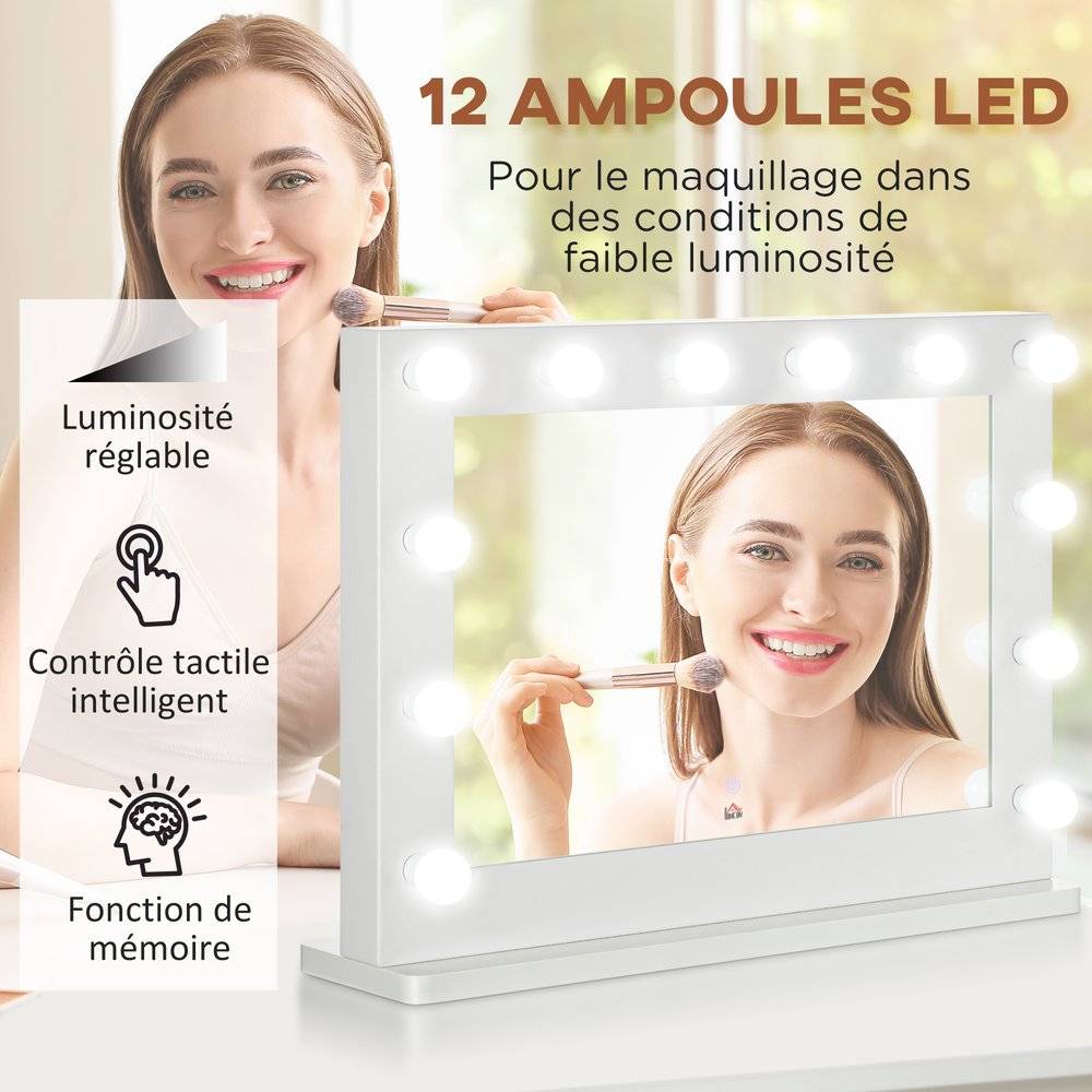 Miroir maquillage Hollywood lumineux LED tactile réglable 12 LED