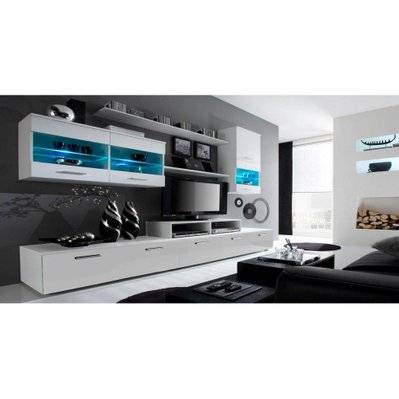 Ensemble de meubles TV, salle à manger avec illumination LED, Blanc Mate et Blanc Laqué - ALFABLANC - 8436547340149