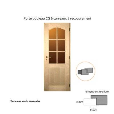 Porte nue bois Bouleau : 6 carreaux, Chapeau de gendarme, 73 cm à recouvrement - 14060773RE - 4893548070705