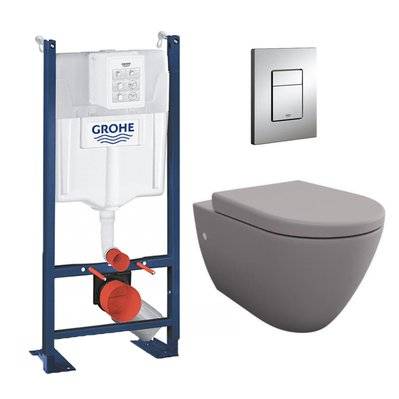 Grohe Pack WC autoportant avec WC sans bride gris mat et fixations invisibles + Plaque chrome (ProjectGreyBello-1) - 0734077014393 - 0734077014393