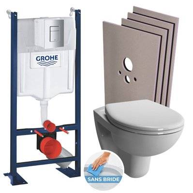 Grohe Pack WC Bâti Autoportant Rapid SL + WC Vitra Normus sans bride + Abattant softclose + Set habillage + Plaque chrome - 0734077014409 - 0734077014409