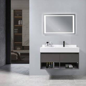 Meuble salle de bain suspendu FRIDA 100 cm + vasque intégrée blanche + miroir LED tactile