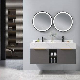Meuble salle de bain suspendu MICHELLE 120 cm + double vasque intégrée blanche + 2 miroirs LED tactile