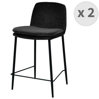 NOLAN - Chaise de bar tissu chenillé Noir et métal noir mat (x2) - 2503 - 3701139535872